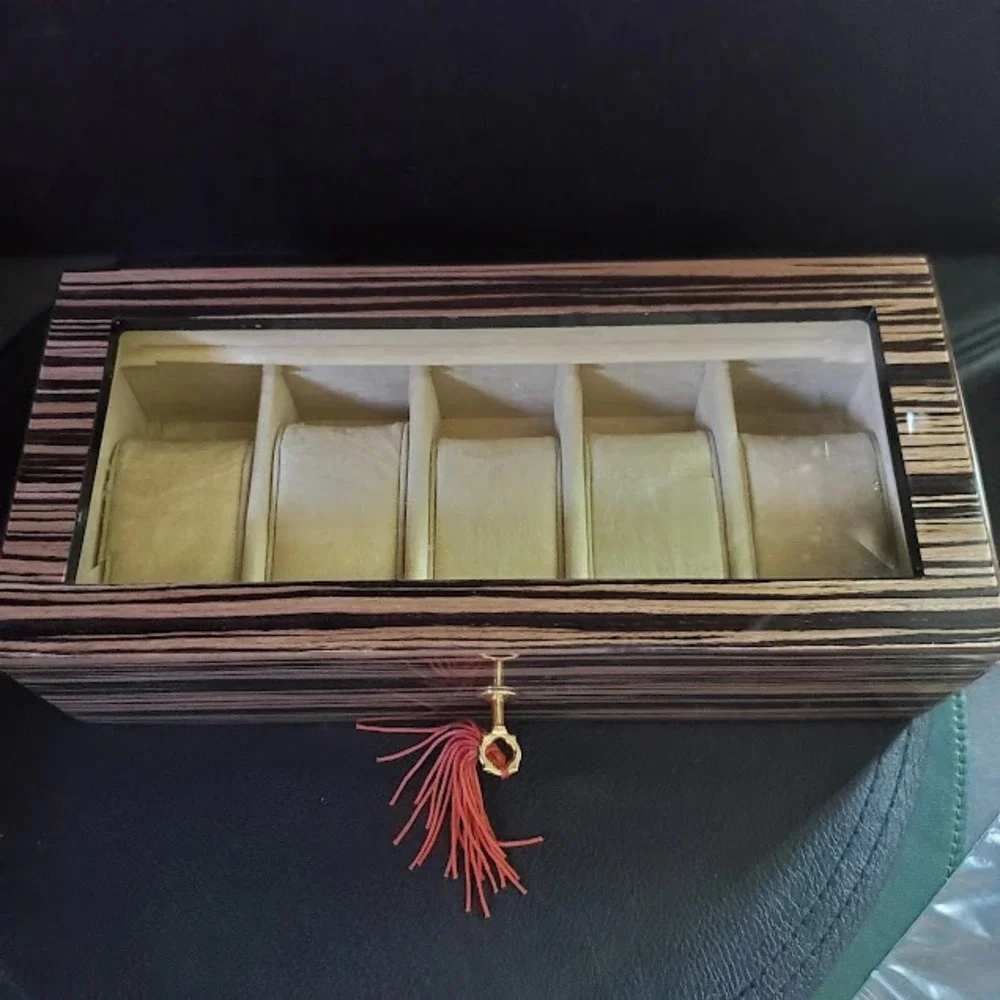Zebrawood 5 Slot Watch Display Case Glass Top with Tassel Key Lock Organizer